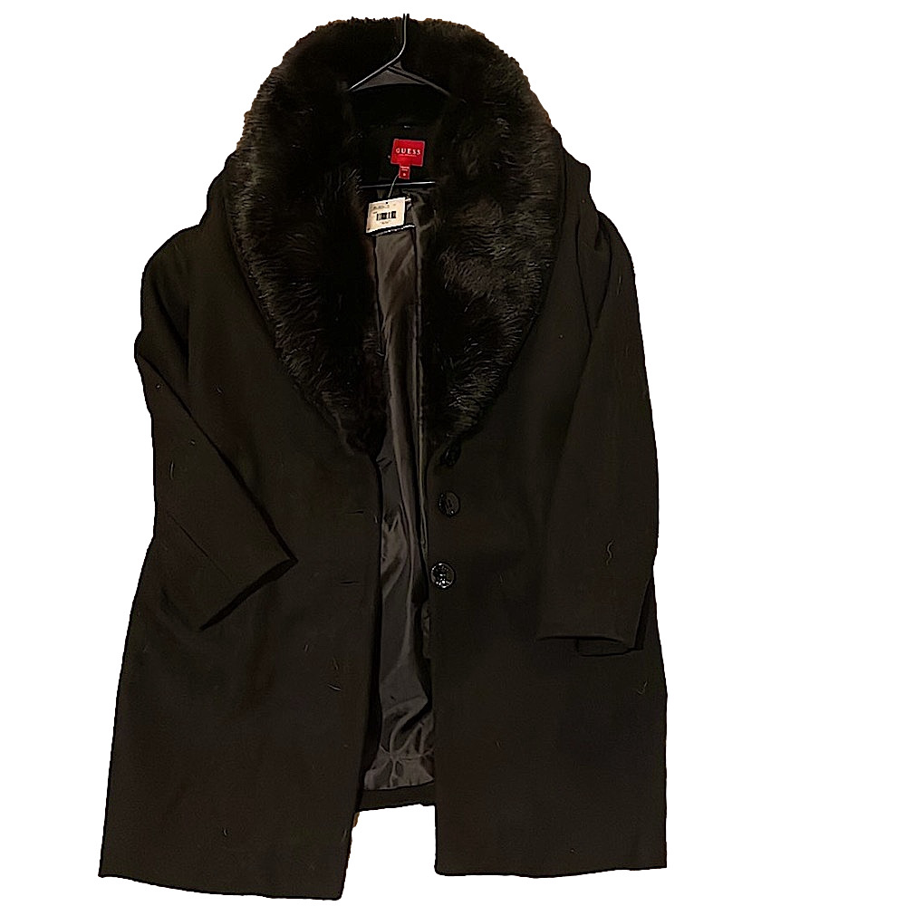 GUESS Los Angeles Black Duster Coat with Removable Faux Fur Collar, Medium, NWT - Picture 3 of 8